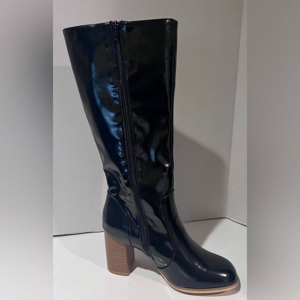 Leila Stone Vegan Black Patent Leather Cynira Knee-High Boots Block Heel Size 10 - Picture 10 of 12